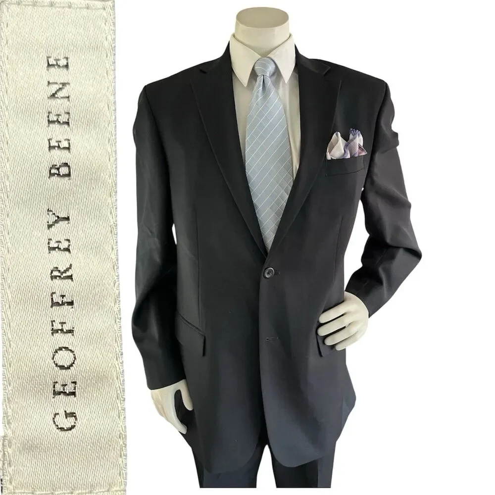 Geoffrey Beene Mens Suit Jacket Pants Black 100% Wool 46L 36x31